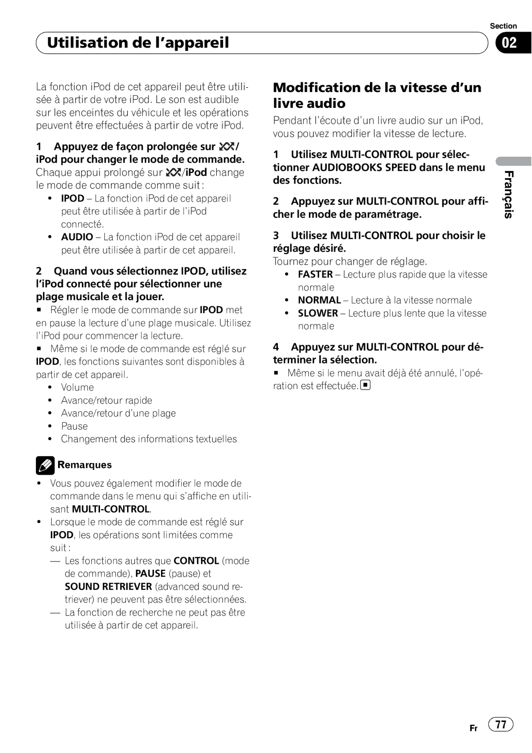 Pioneer DEH-P3100UB operation manual Modification de la vitesse d’un livre audio 