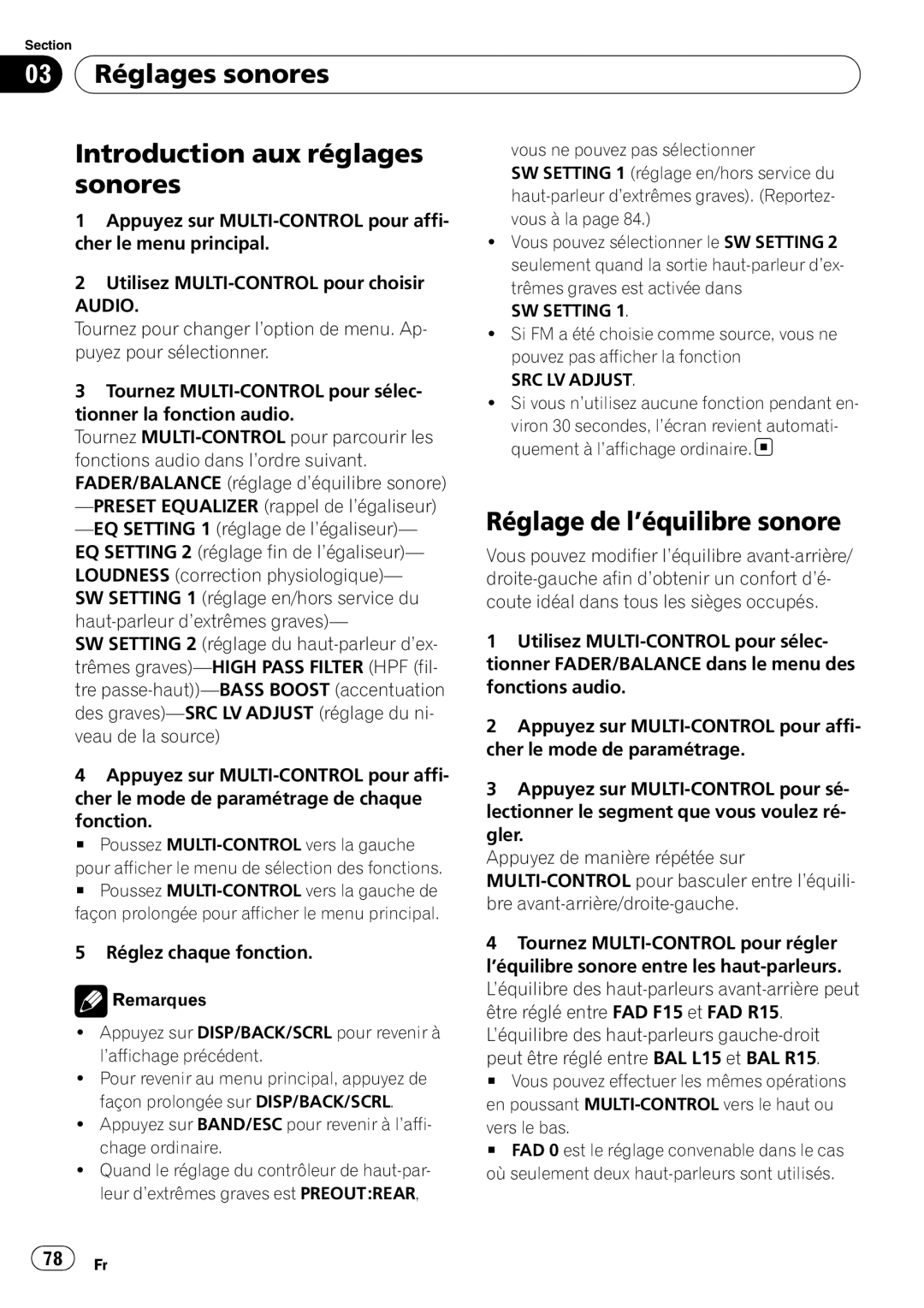 Pioneer DEH-P3100UB Réglages sonores Introduction aux réglages, Sonores, Réglage de l’équilibre sonore, Audio SW Setting 