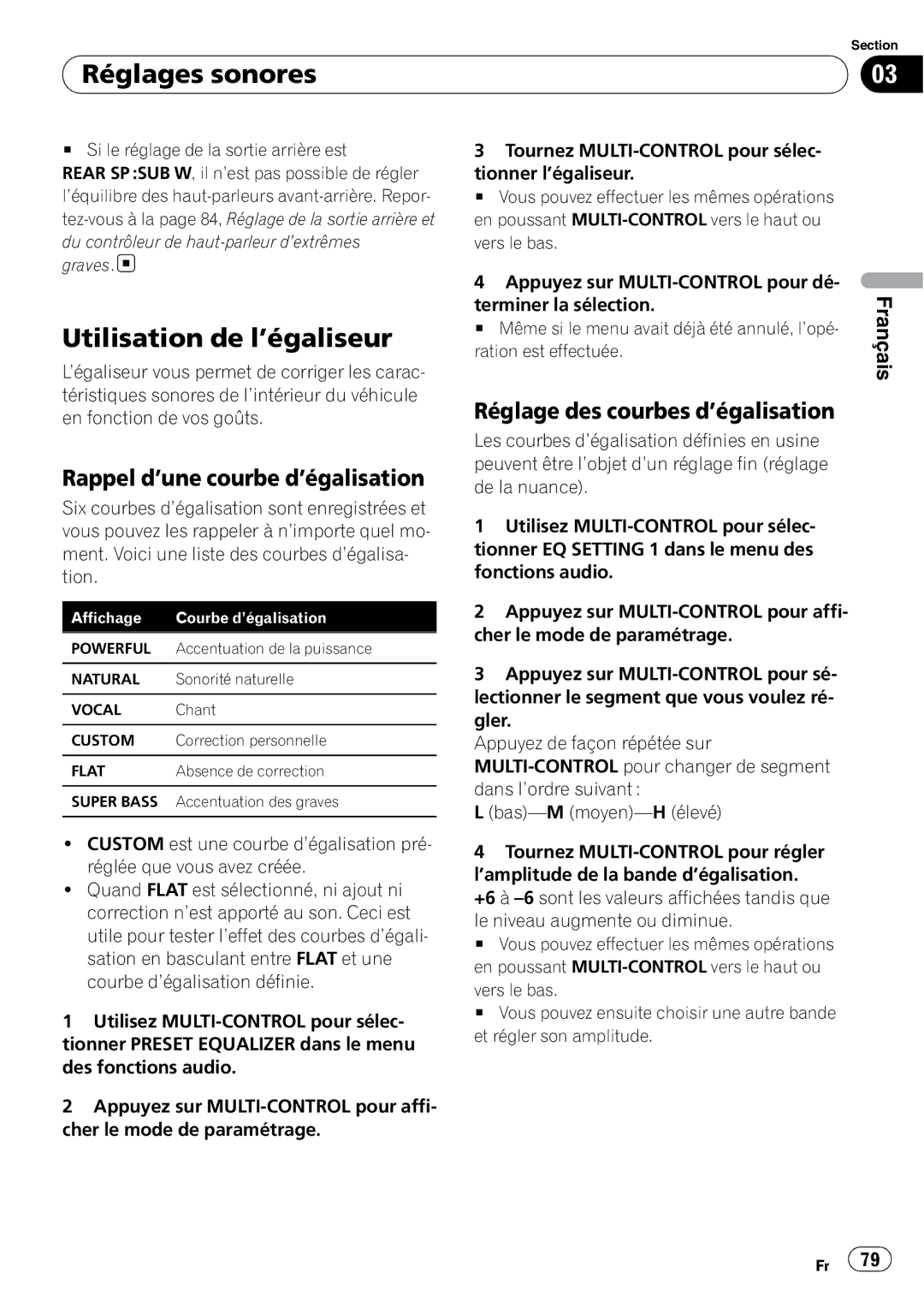 Pioneer DEH-P3100UB operation manual Réglages sonores, Utilisation de l’égaliseur, Rappel d’une courbe d’égalisation 