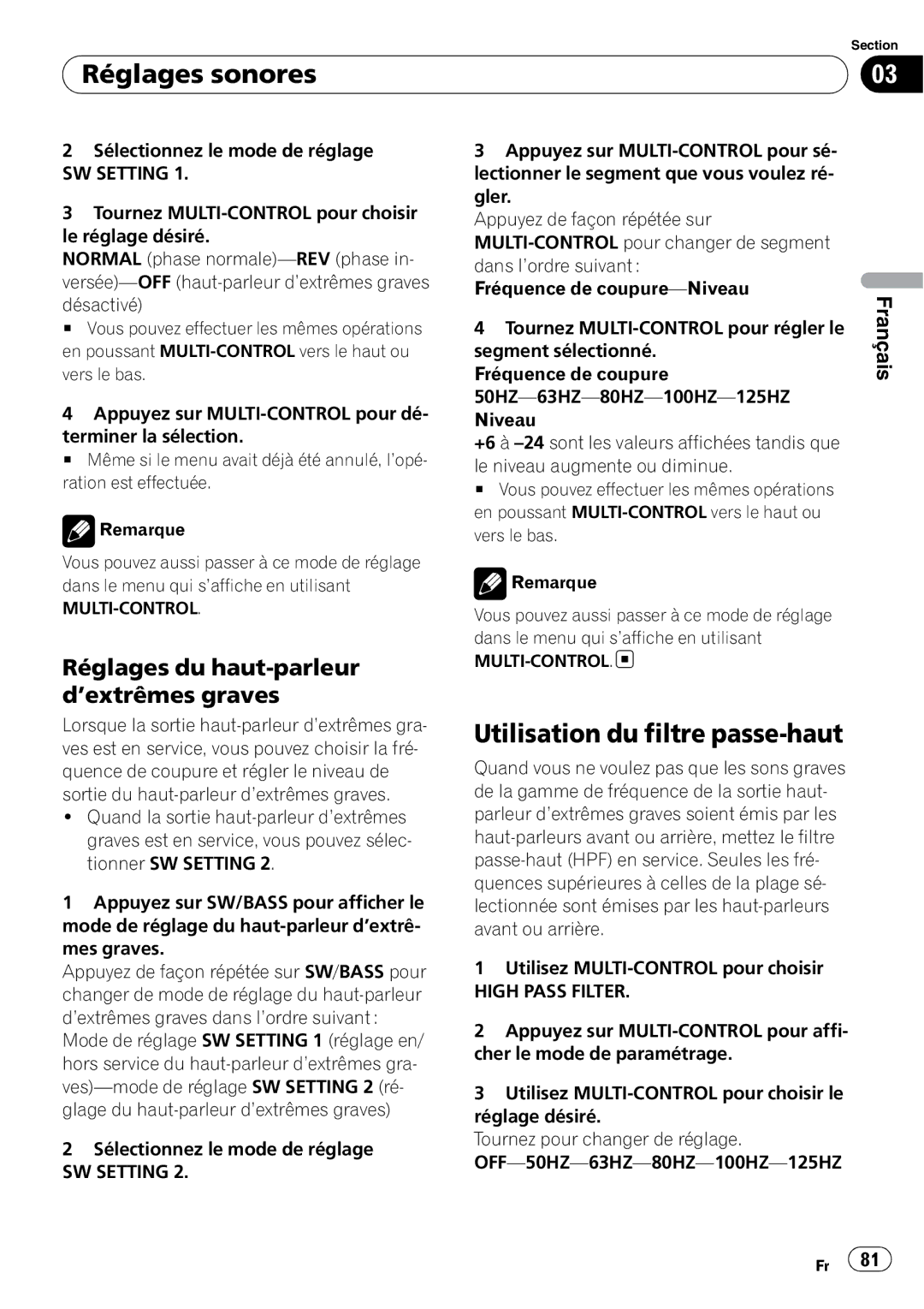 Pioneer DEH-P3100UB operation manual Utilisation du filtre passe-haut, Réglages du haut-parleur d’extrêmes graves 