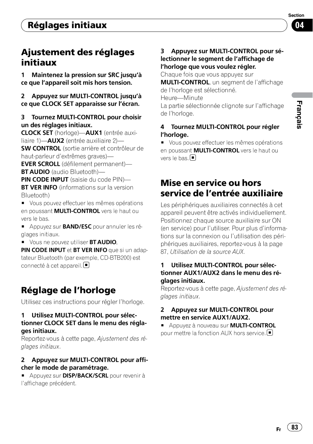 Pioneer DEH-P3100UB operation manual Réglages initiaux Ajustement des réglages initiaux, Réglage de l’horloge 