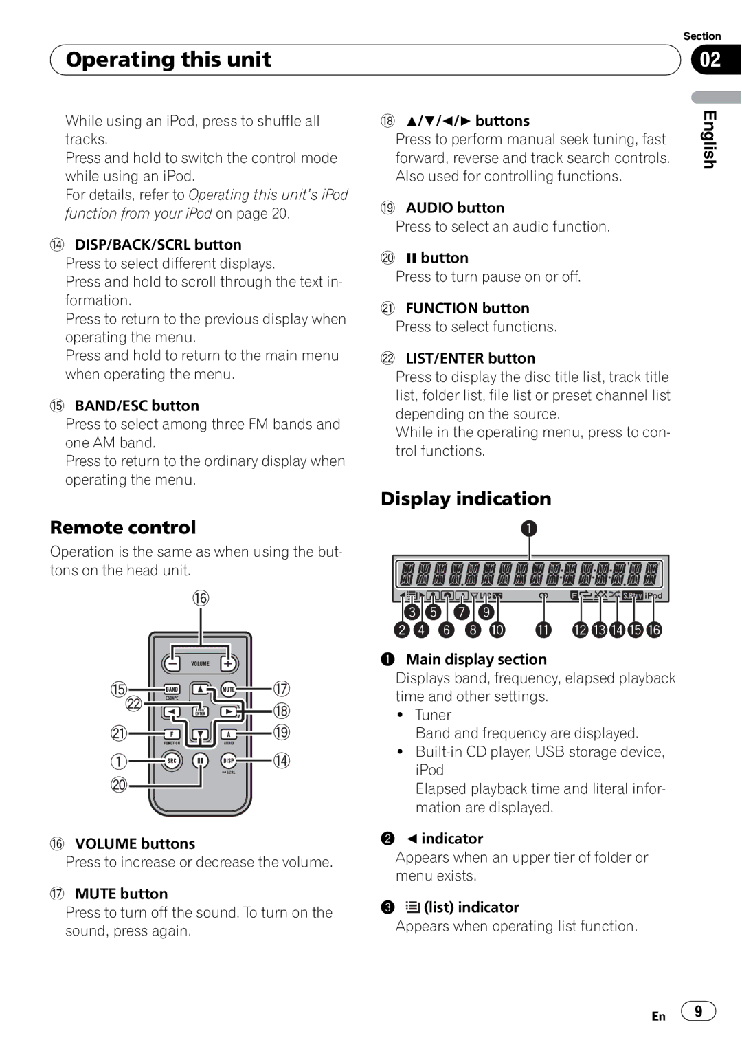 Pioneer DEH-P3100UB operation manual Operating this unit, Remote control, Display indication 