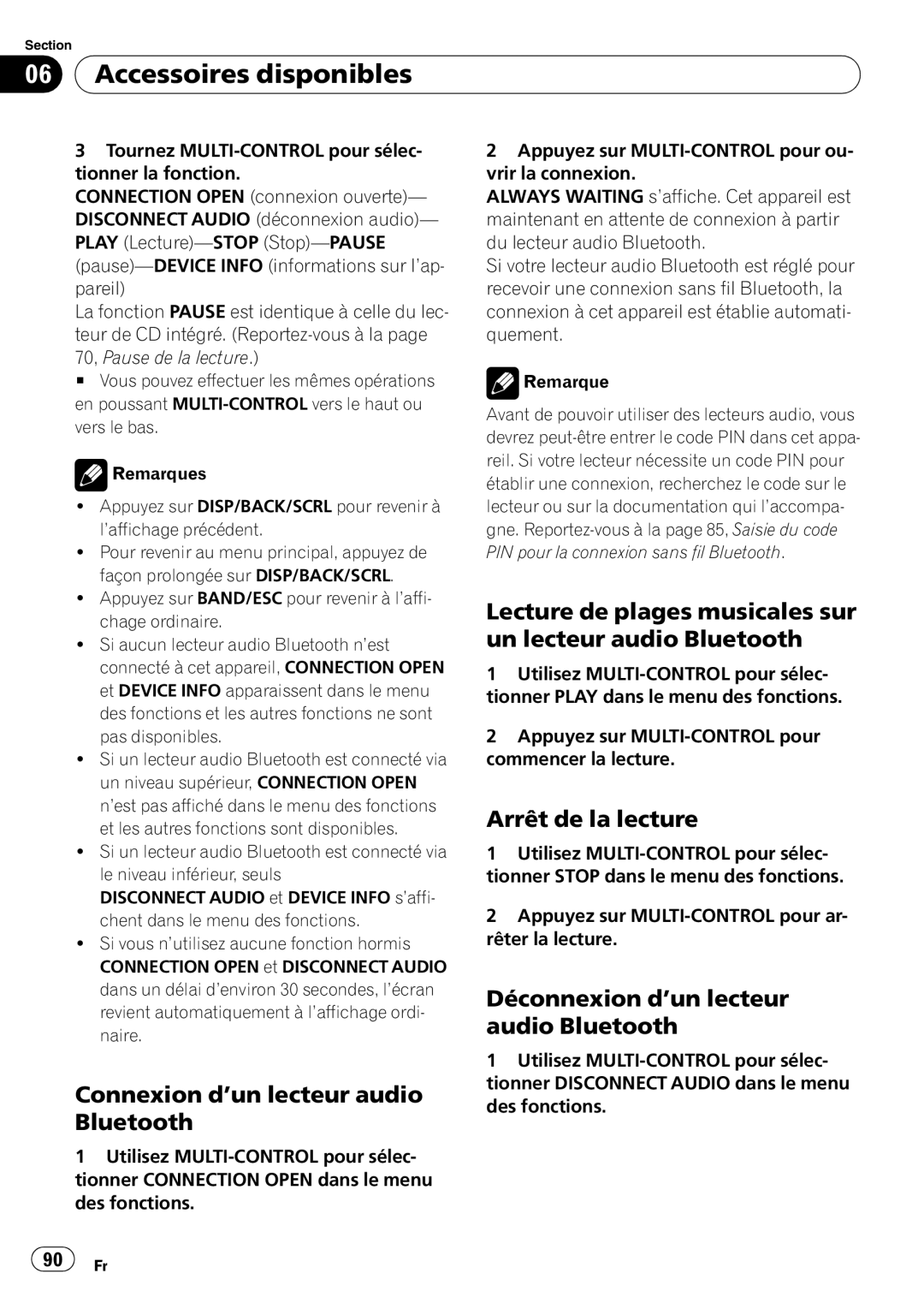 Pioneer DEH-P3100UB operation manual Accessoires disponibles, Connexion d’un lecteur audio Bluetooth, Arrêt de la lecture 