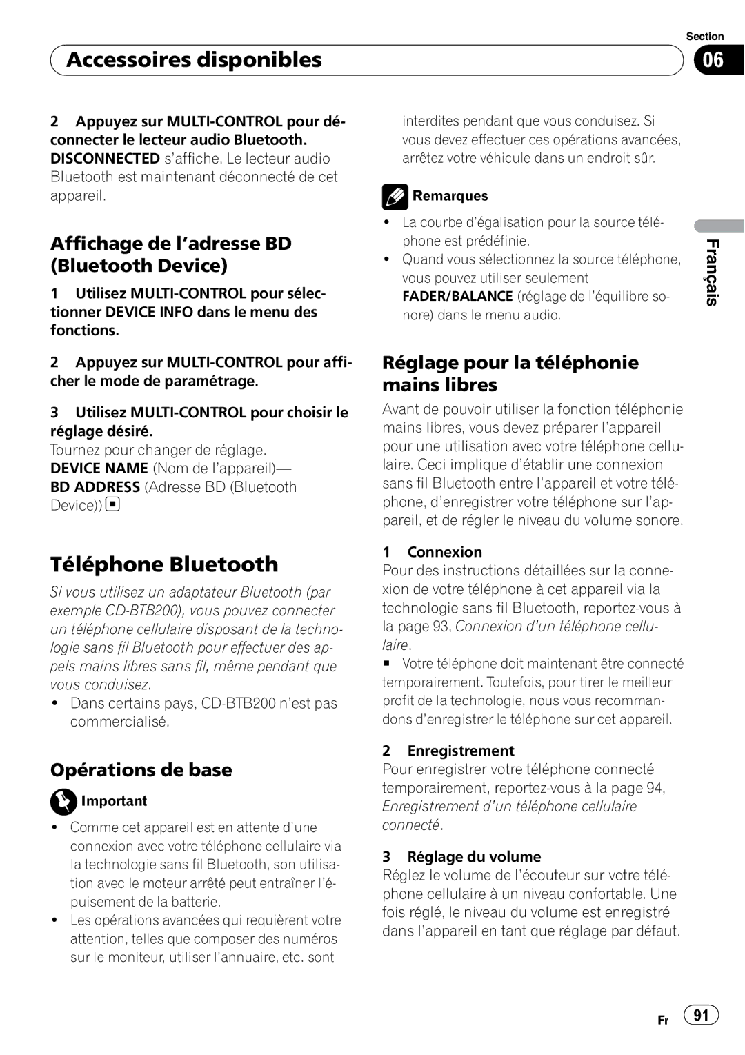 Pioneer DEH-P3100UB operation manual Téléphone Bluetooth, Affichage de l’adresse BD Bluetooth Device 