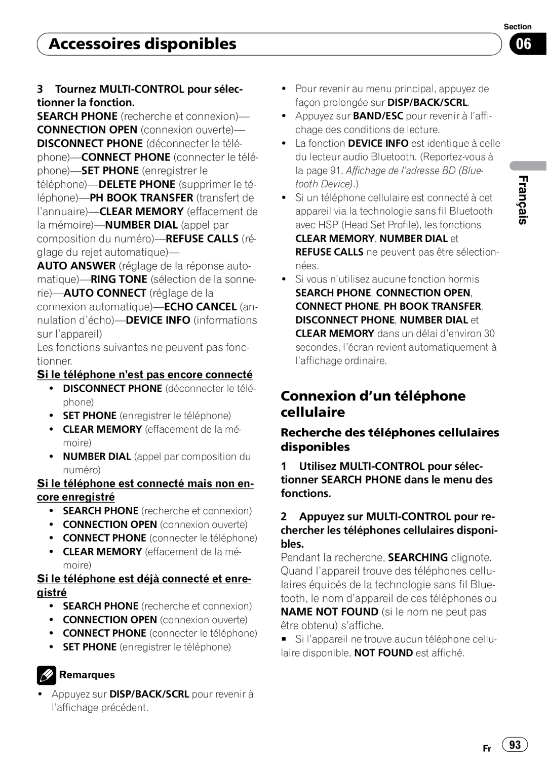 Pioneer DEH-P3100UB operation manual Connexion d’un téléphone cellulaire, Recherche des téléphones cellulaires disponibles 