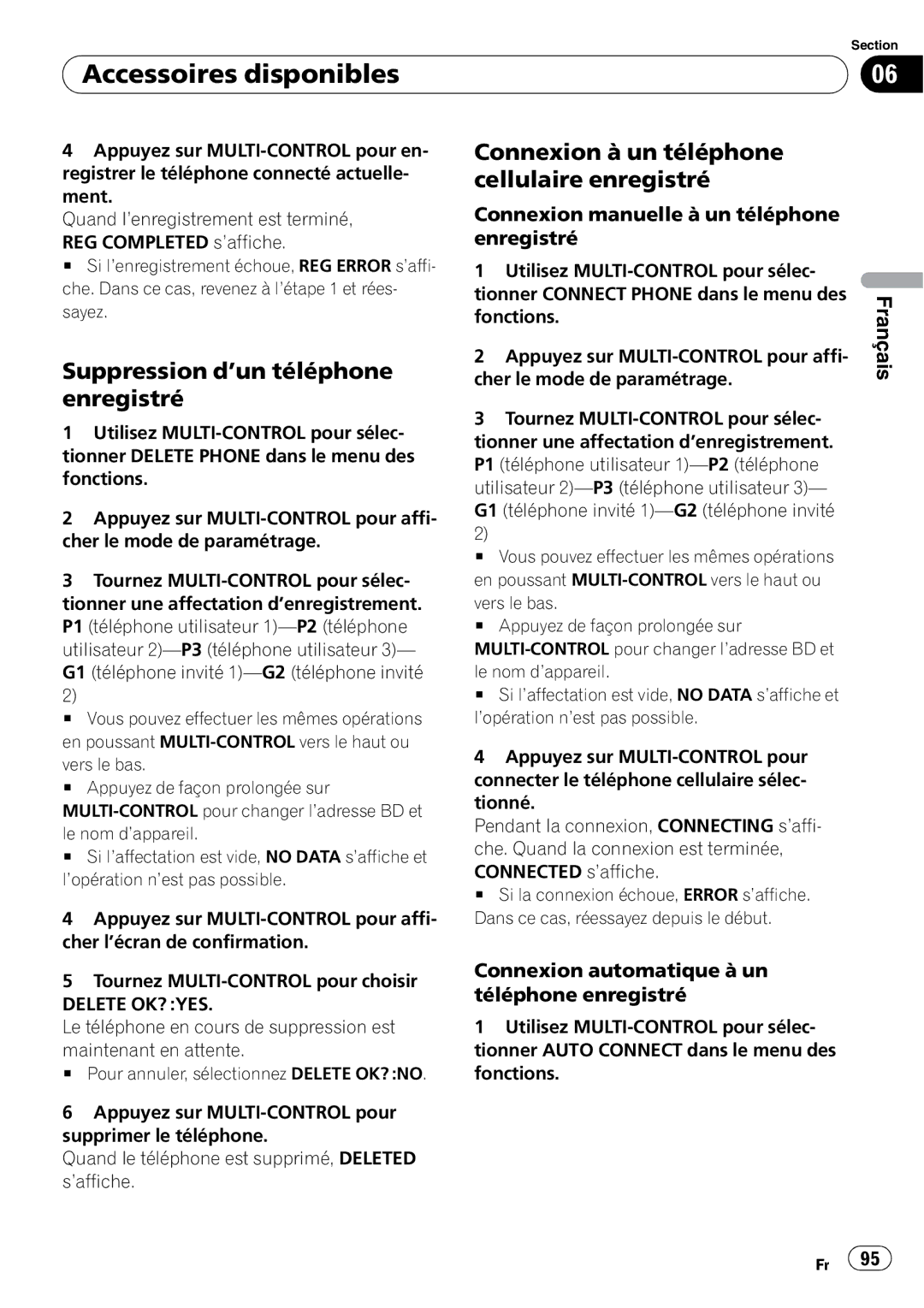 Pioneer DEH-P3100UB operation manual Suppression d’un téléphone enregistré, Connexion à un téléphone cellulaire enregistré 