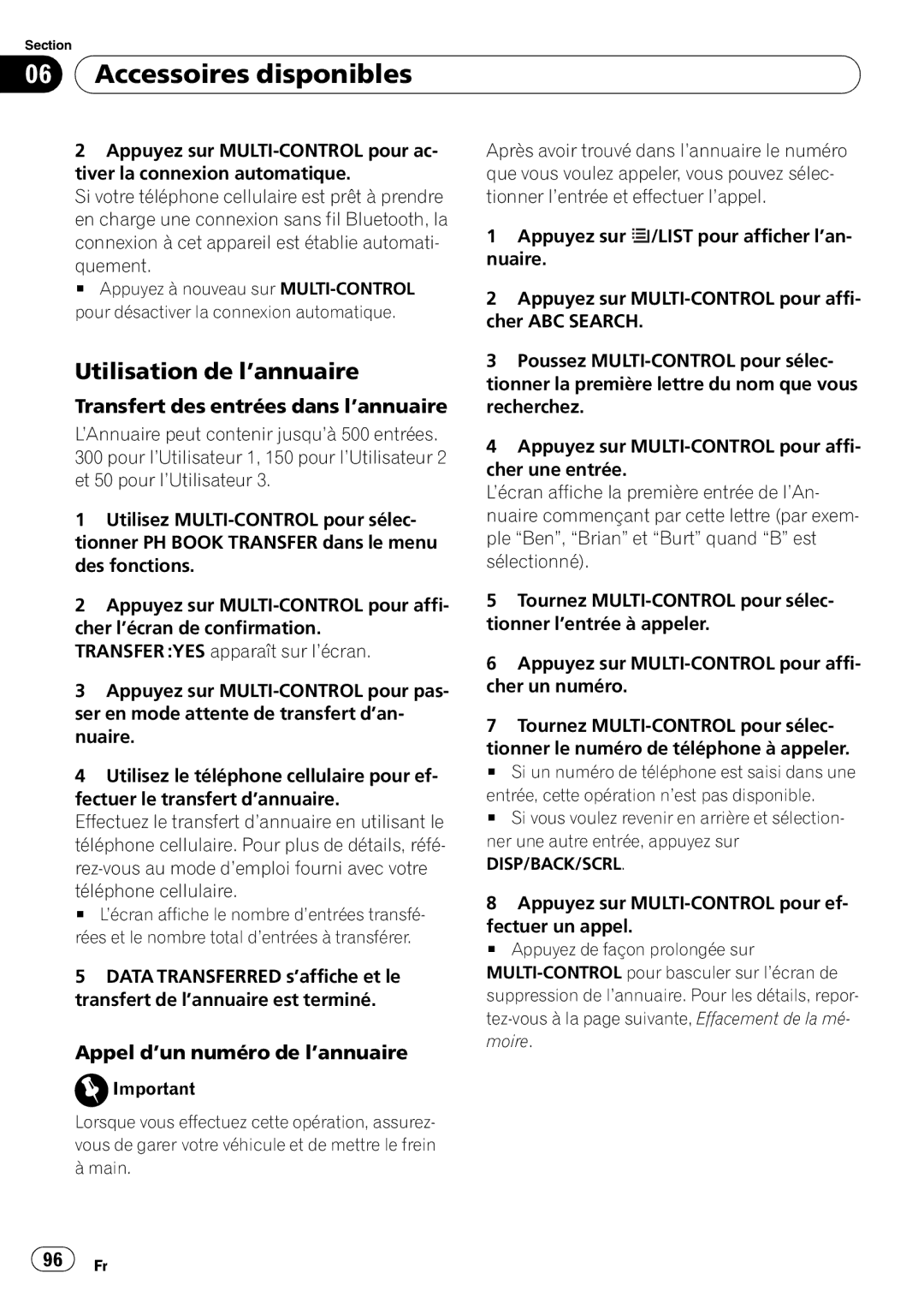 Pioneer DEH-P3100UB Utilisation de l’annuaire, Transfert des entrées dans l’annuaire, Appel d’un numéro de l’annuaire 