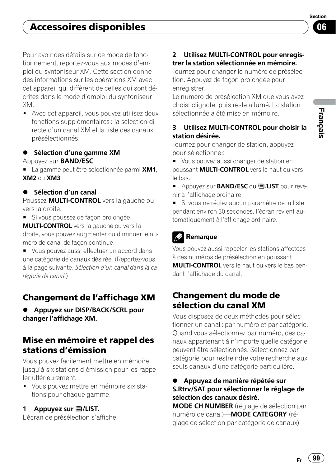 Pioneer DEH-P3100UB operation manual Changement de l’affichage XM, Mise en mémoire et rappel des stations d’émission 