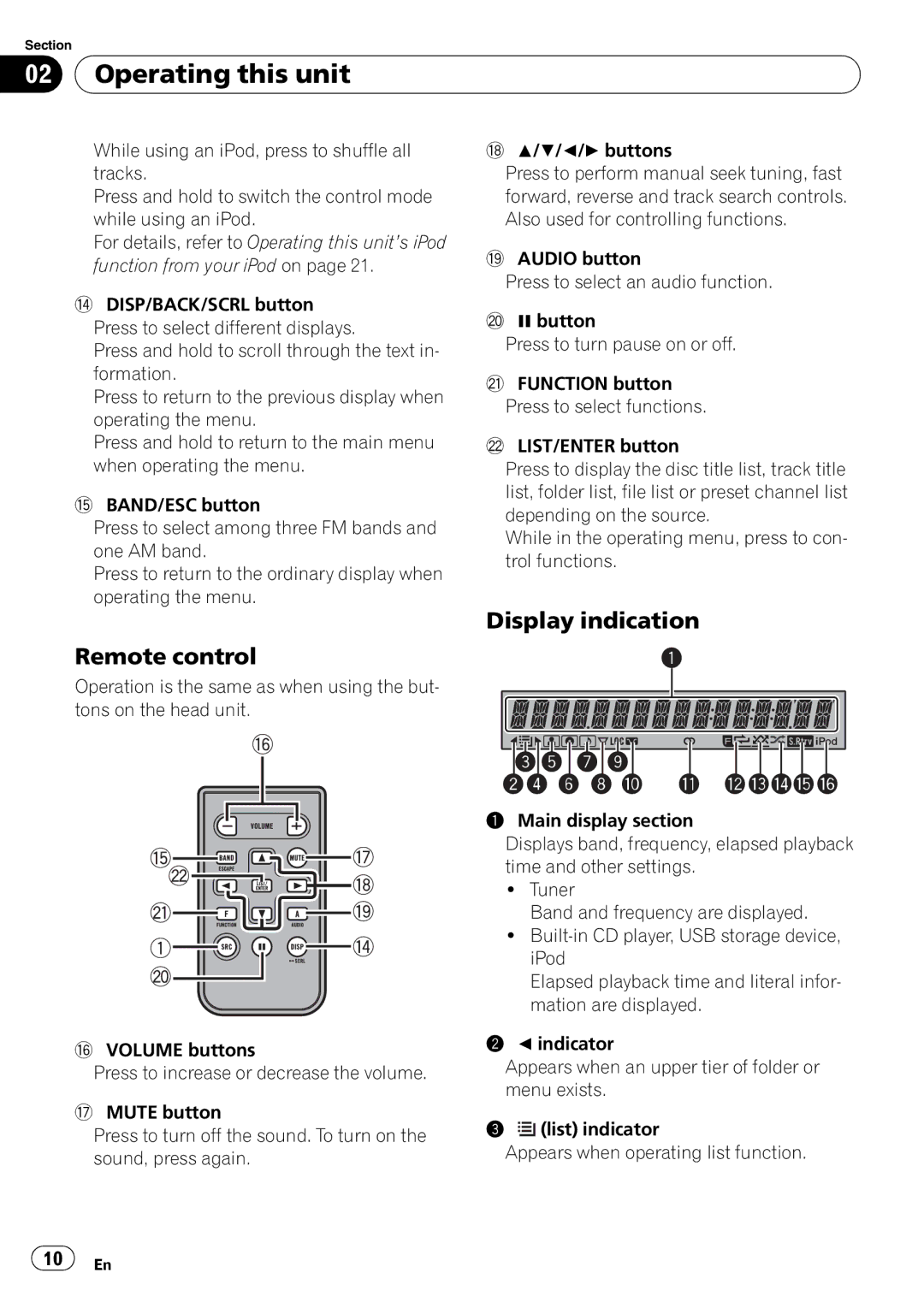 Pioneer DEH-P310UB operation manual Operating this unit, Display indication Remote control 