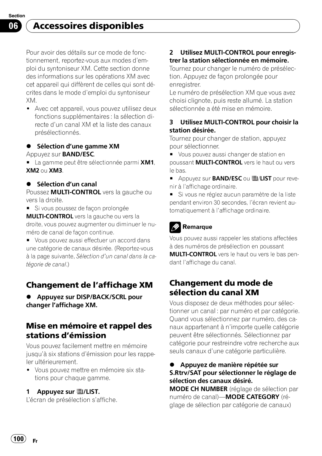 Pioneer DEH-P310UB operation manual Changement de l’affichage XM, Mise en mémoire et rappel des stations d’émission, 100 Fr 