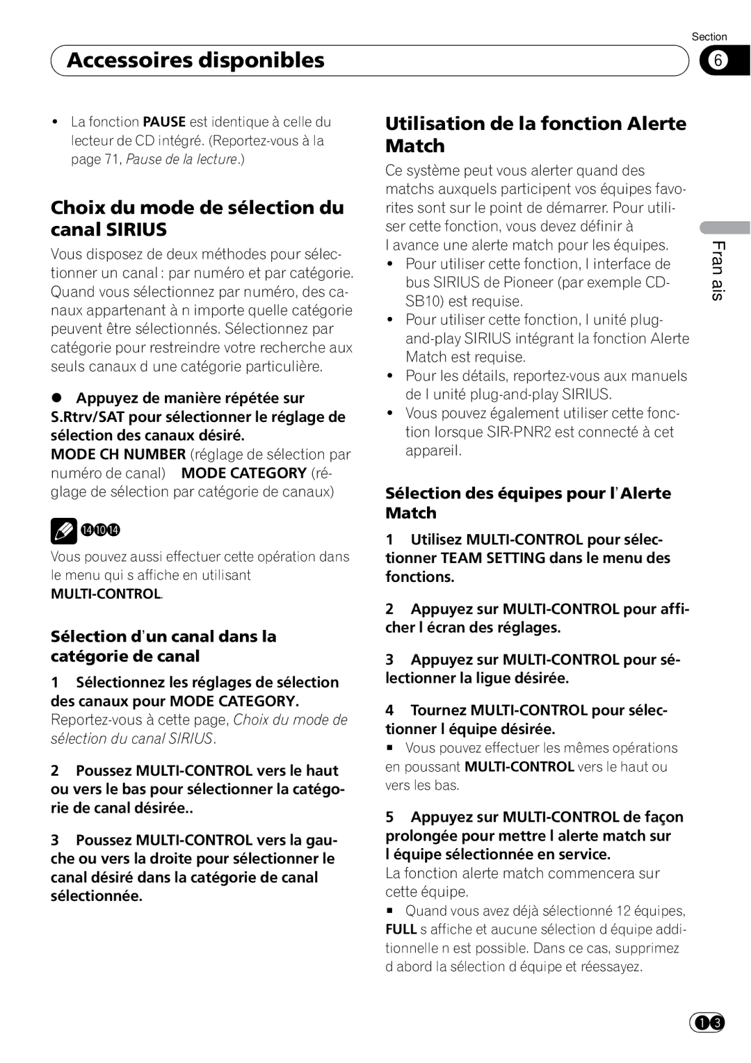 Pioneer DEH-P310UB operation manual Choix du mode de sélection du canal Sirius, Utilisation de la fonction Alerte Match 