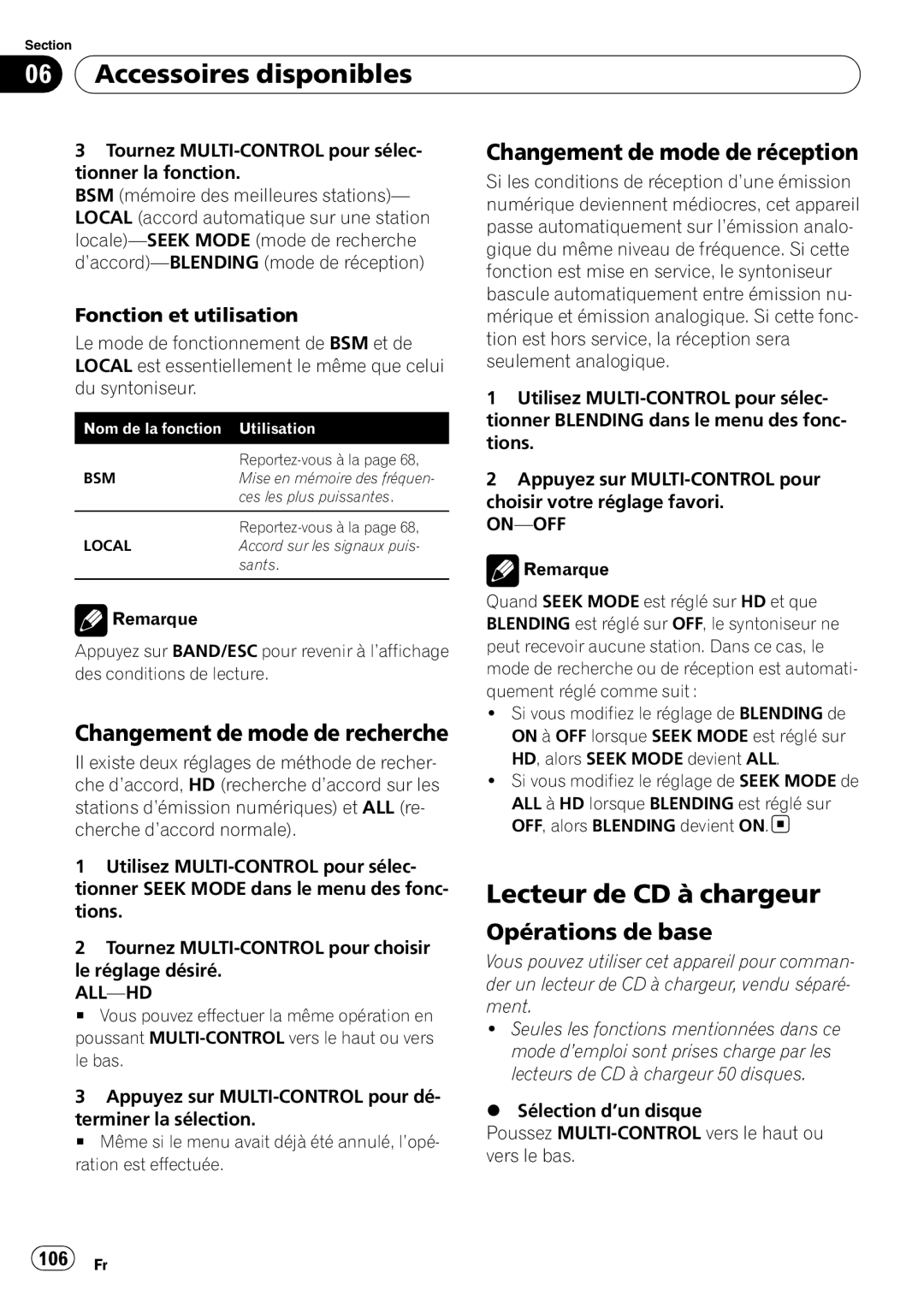 Pioneer DEH-P310UB Lecteur de CD à chargeur, Changement de mode de recherche, Changement de mode de réception, 106 Fr 