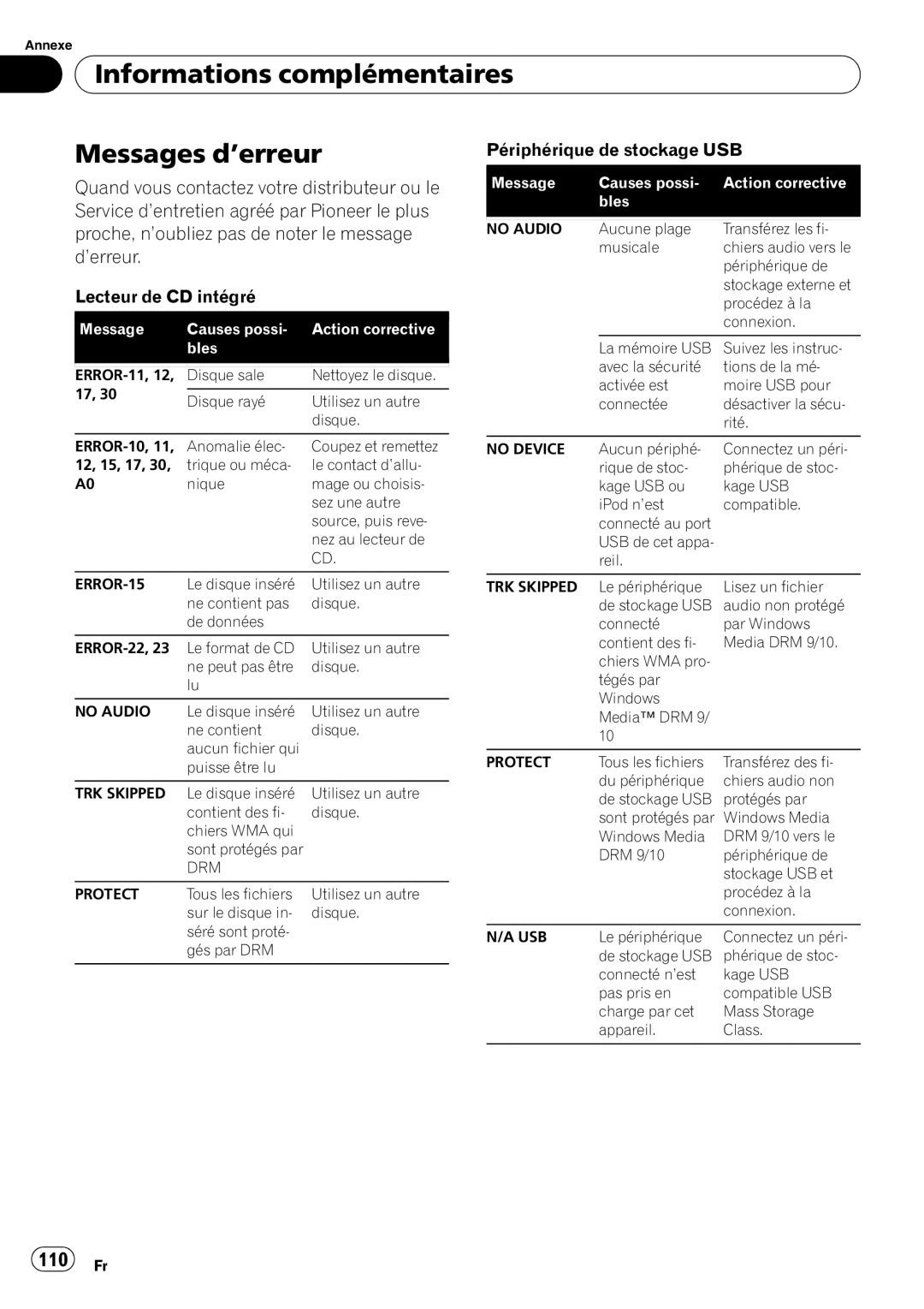 Pioneer DEH-P310UB operation manual Informations complémentaires Messages d’erreur, 110 Fr 