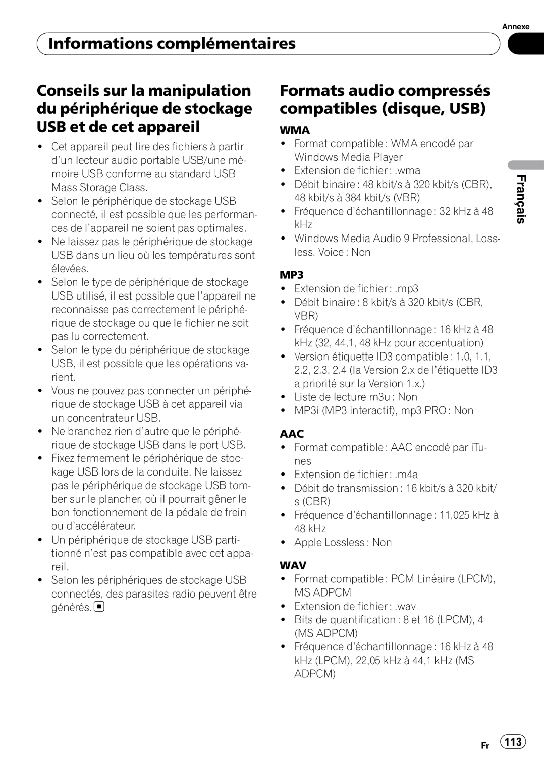 Pioneer DEH-P310UB operation manual Formats audio compressés compatibles disque, USB, Format compatible PCM Linéaire Lpcm 