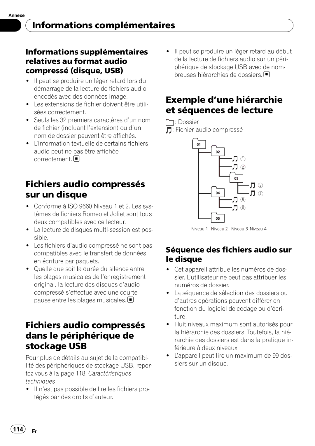 Pioneer DEH-P310UB Fichiers audio compressés sur un disque, Exemple d’une hiérarchie et séquences de lecture, 114 Fr 