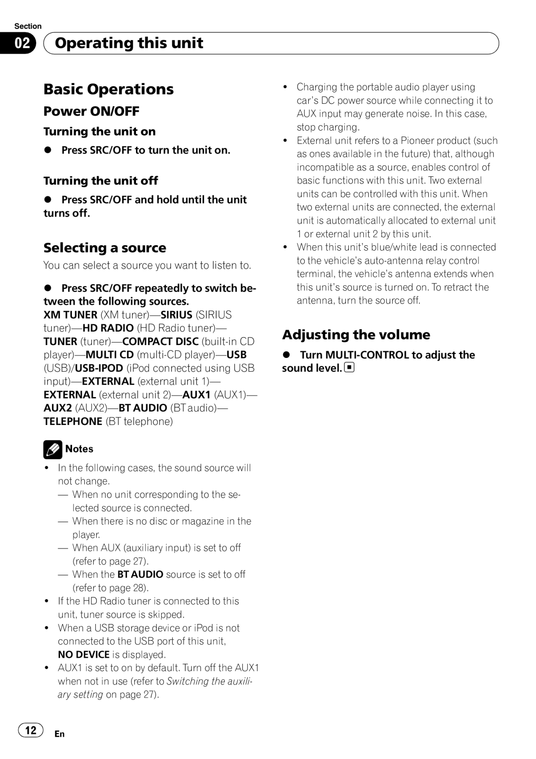 Pioneer DEH-P310UB Operating this unit Basic Operations, Power ON/OFF, Selecting a source, Adjusting the volume 