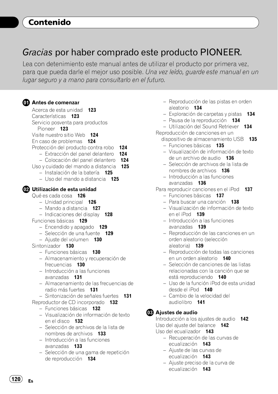 Pioneer DEH-P310UB operation manual Contenido, 120 Es 