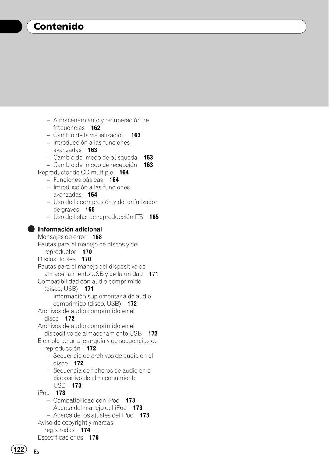 Pioneer DEH-P310UB operation manual 122 Es, Aviso de copyright y marcas registradas Especificaciones 