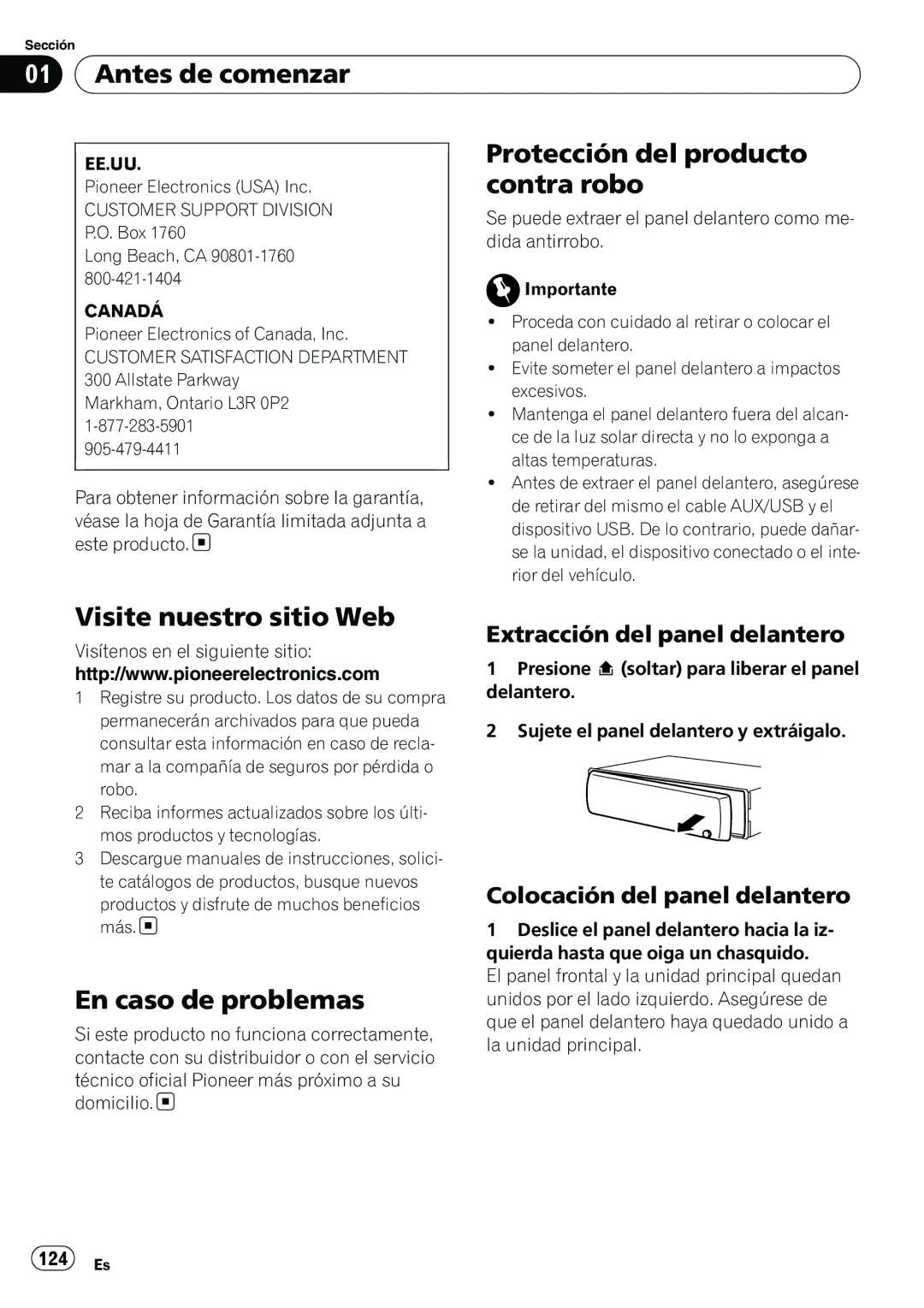 Pioneer DEH-P310UB Antes de comenzar, Protección del producto, Contra robo, Visite nuestro sitio Web, En caso de problemas 