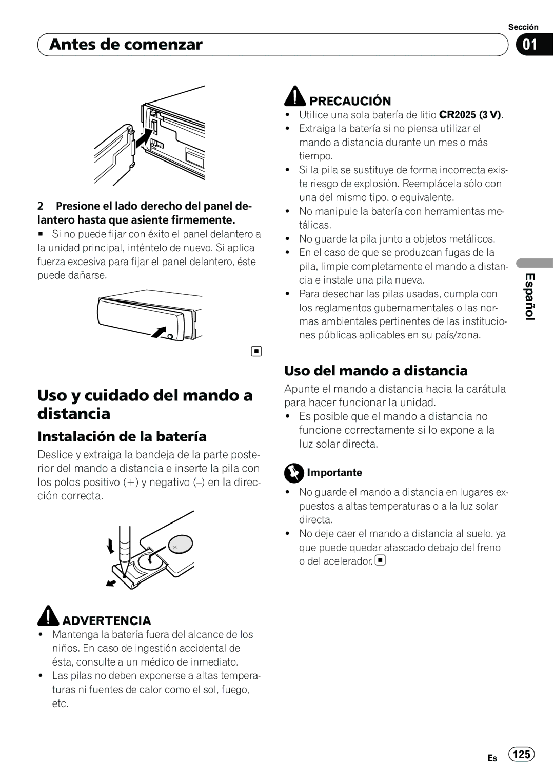 Pioneer DEH-P310UB Uso y cuidado del mando a distancia, Instalación de la batería, Uso del mando a distancia 