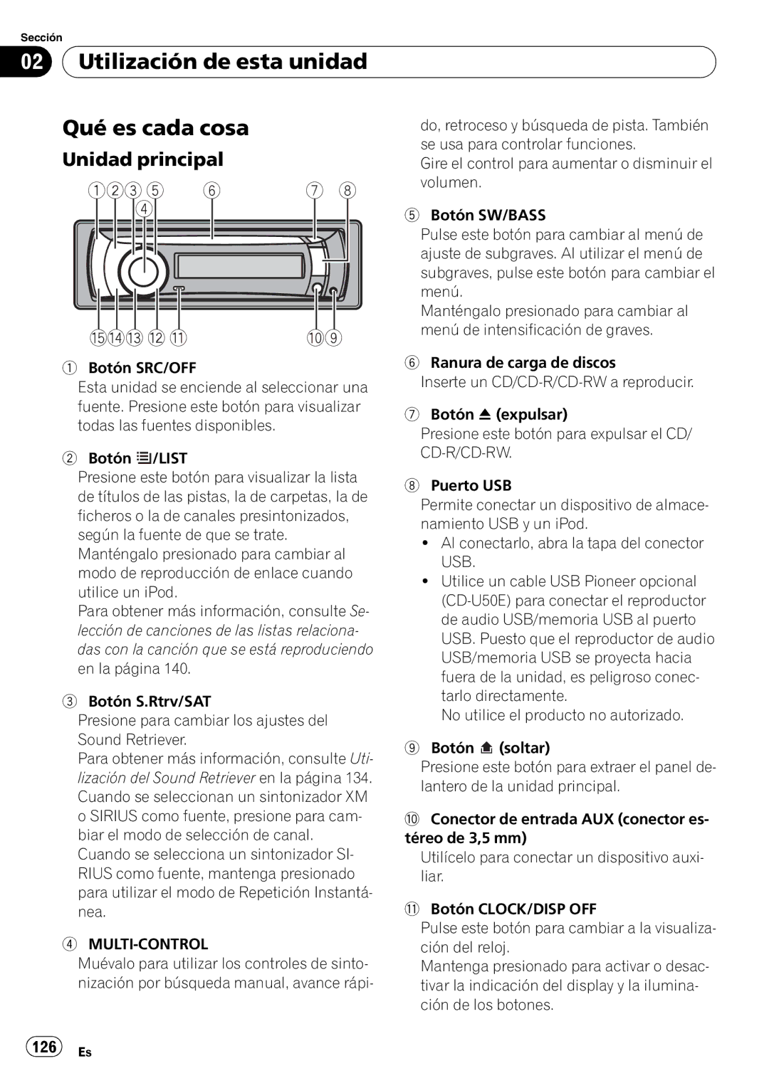 Pioneer DEH-P310UB operation manual Utilización de esta unidad Qué es cada cosa, Unidad principal, 126 Es 