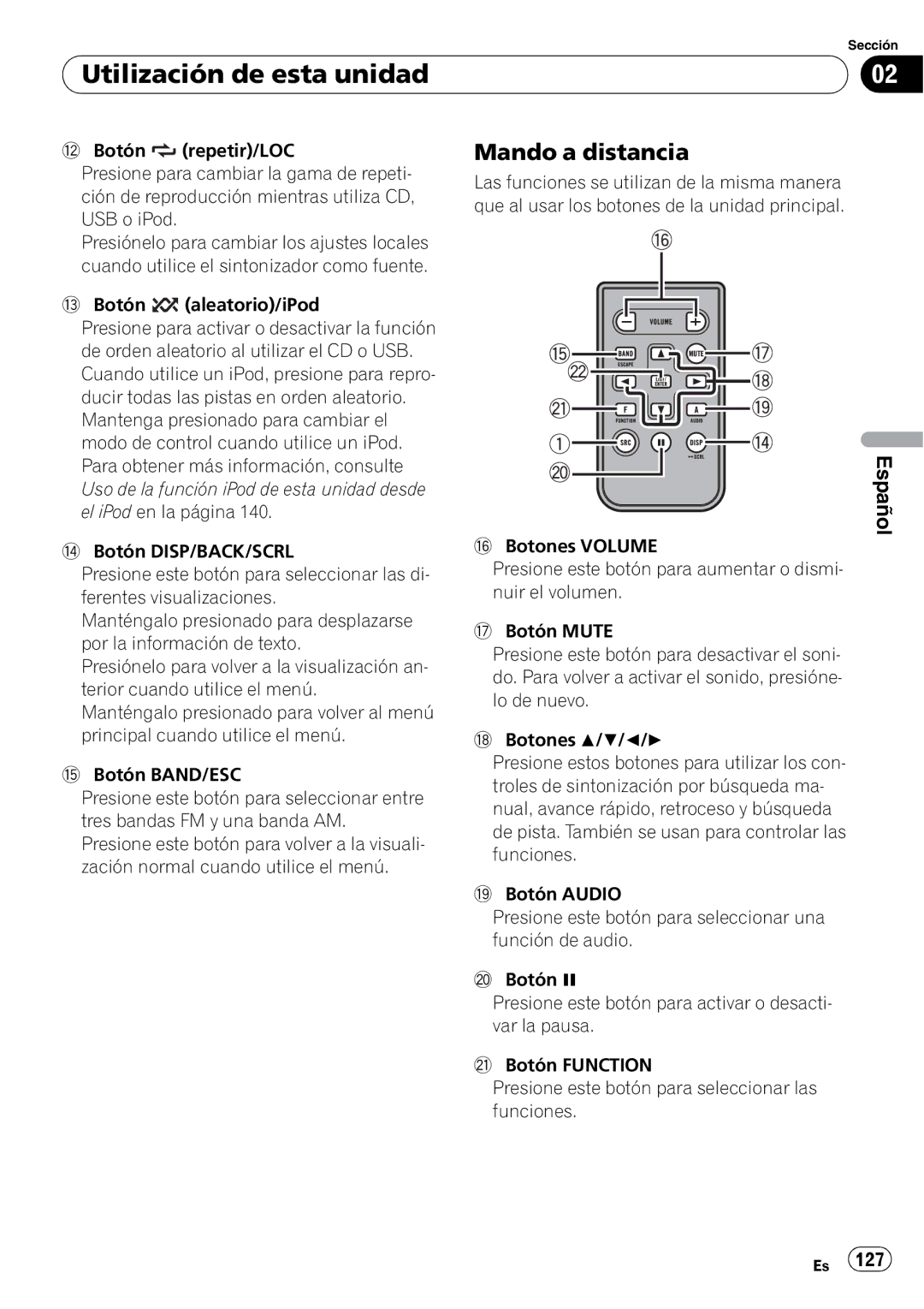 Pioneer DEH-P310UB operation manual Utilización de esta unidad, Mando a distancia 