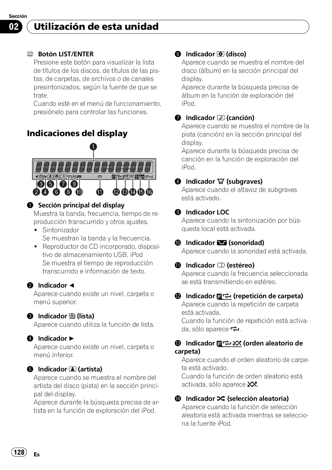 Pioneer DEH-P310UB operation manual Indicaciones del display, 128 Es 