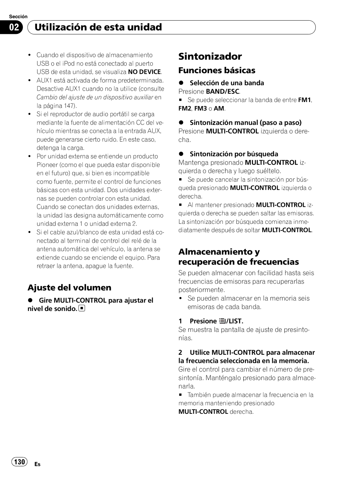 Pioneer DEH-P310UB Sintonizador, Funciones básicas, Almacenamiento y, Recuperación de frecuencias, Ajuste del volumen 