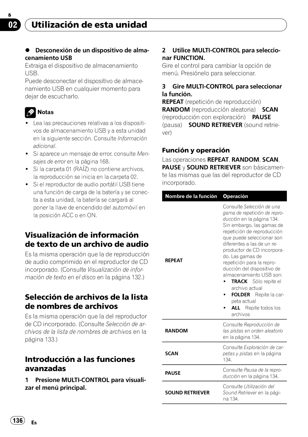 Pioneer DEH-P310UB operation manual Introducción a las funciones, Avanzadas, Función y operación, 136 Es 