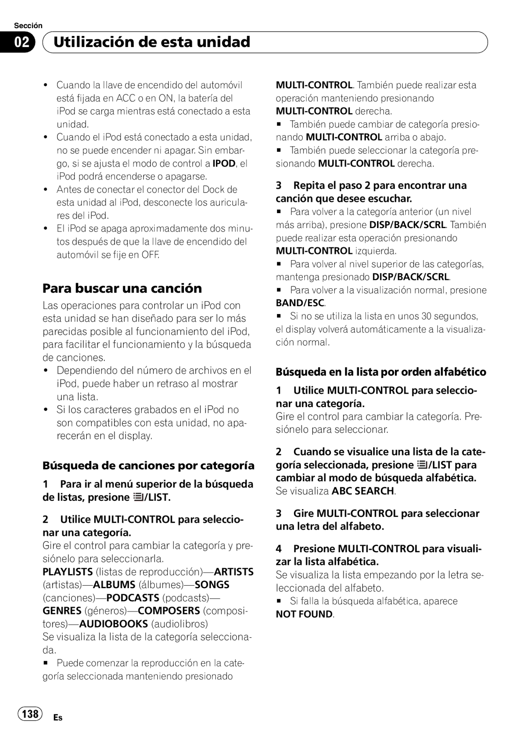 Pioneer DEH-P310UB Para buscar una canción, Búsqueda de canciones por categoría, Búsqueda en la lista por orden alfabético 