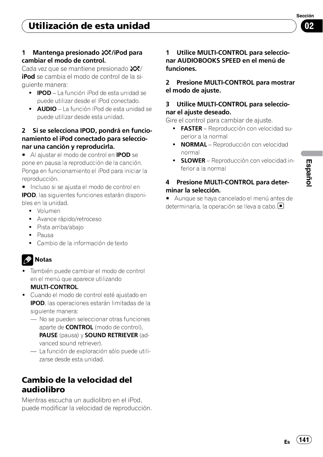 Pioneer DEH-P310UB operation manual Cambio de la velocidad del audiolibro, Multi-Control 