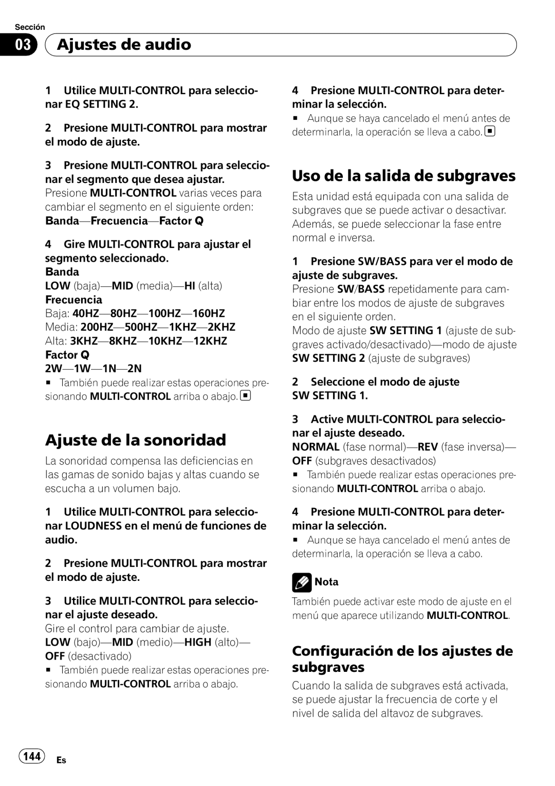 Pioneer DEH-P310UB operation manual Ajustes de audio, Uso de la salida de subgraves, Ajuste de la sonoridad, 144 Es 