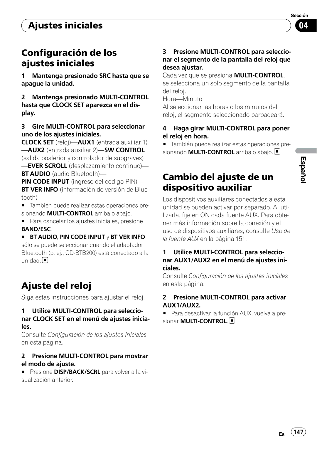 Pioneer DEH-P310UB operation manual Ajustes iniciales Configuración de los ajustes iniciales, Ajuste del reloj, AUX1/AUX2 