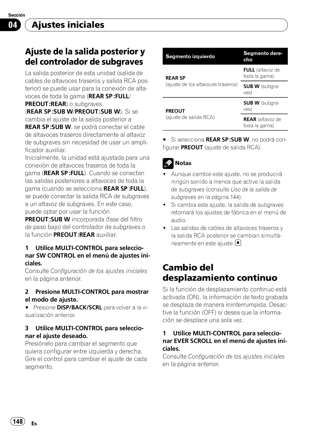 Pioneer DEH-P310UB operation manual Ajustes iniciales, Cambio del desplazamiento continuo, 148 Es 