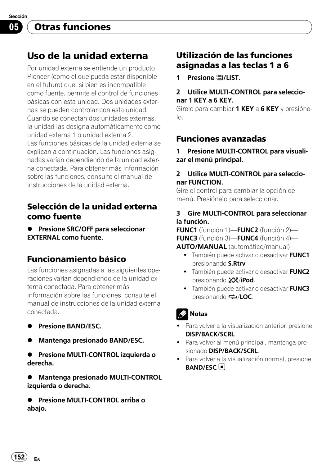 Pioneer DEH-P310UB operation manual Otras funciones Uso de la unidad externa 