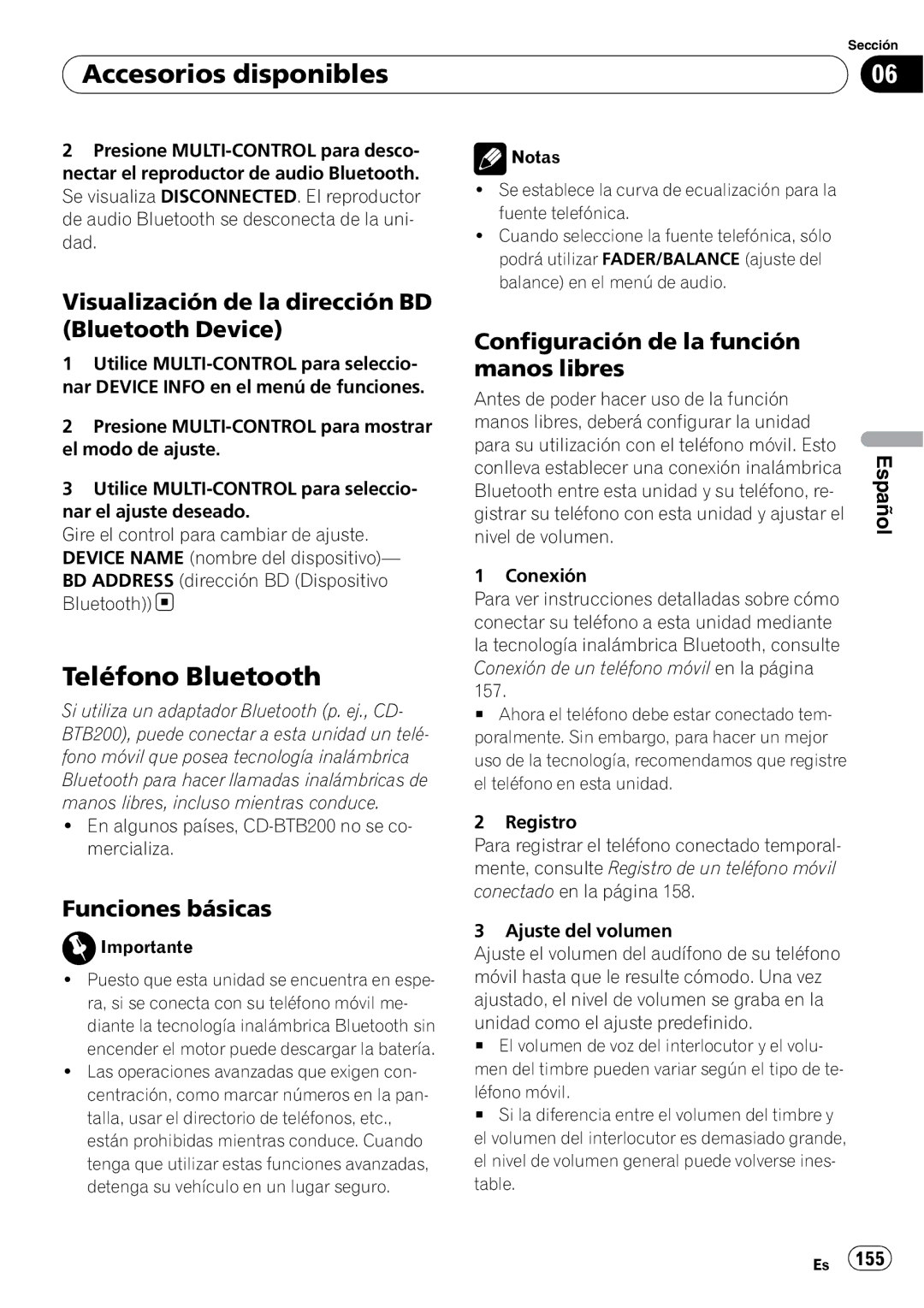 Pioneer DEH-P310UB operation manual Teléfono Bluetooth, Visualización de la dirección BD Bluetooth Device 