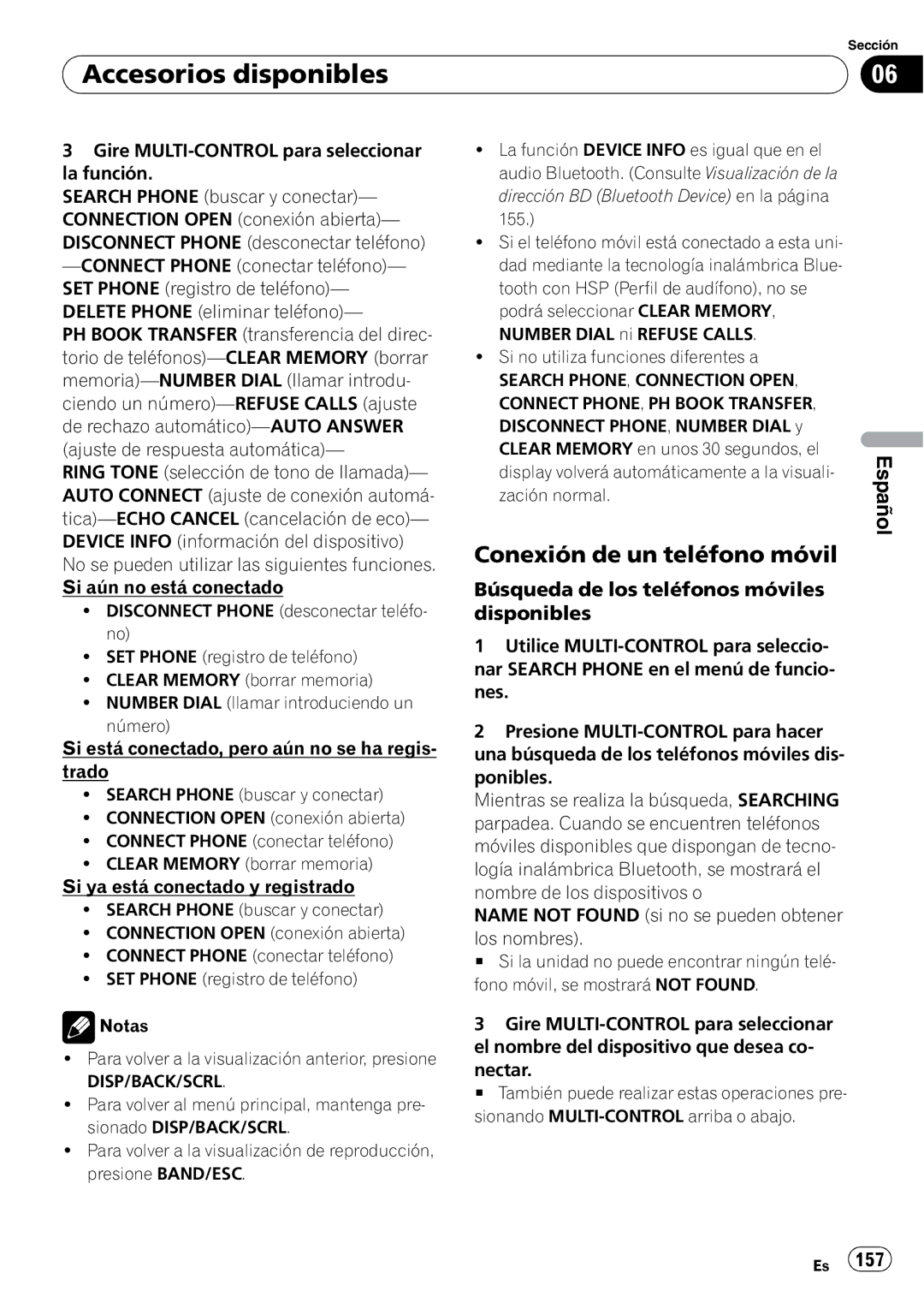 Pioneer DEH-P310UB operation manual Conexión de un teléfono móvil, Búsqueda de los teléfonos móviles disponibles 