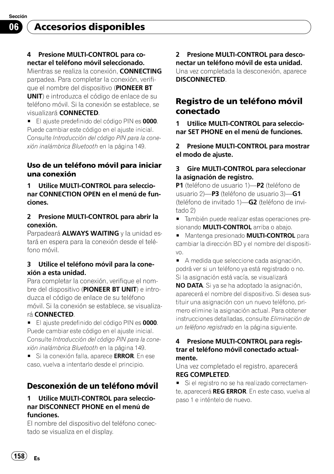 Pioneer DEH-P310UB operation manual Registro de un teléfono móvil conectado, Desconexión de un teléfono móvil, 158 Es 