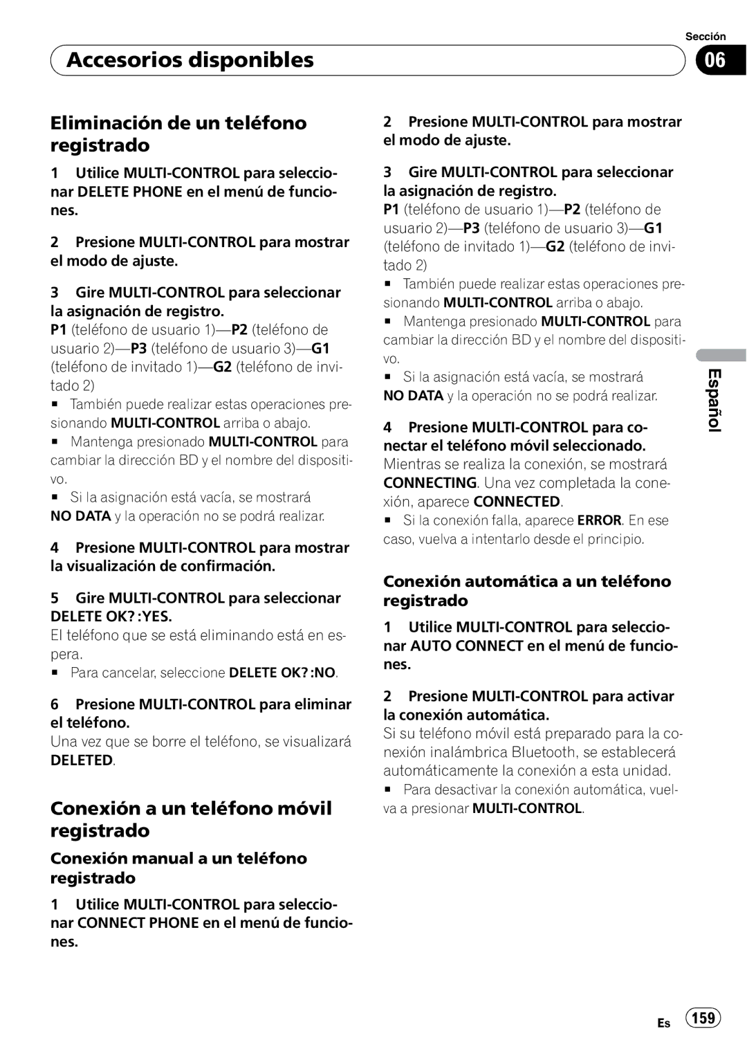 Pioneer DEH-P310UB operation manual Eliminación de un teléfono registrado, Conexión a un teléfono móvil registrado, Deleted 