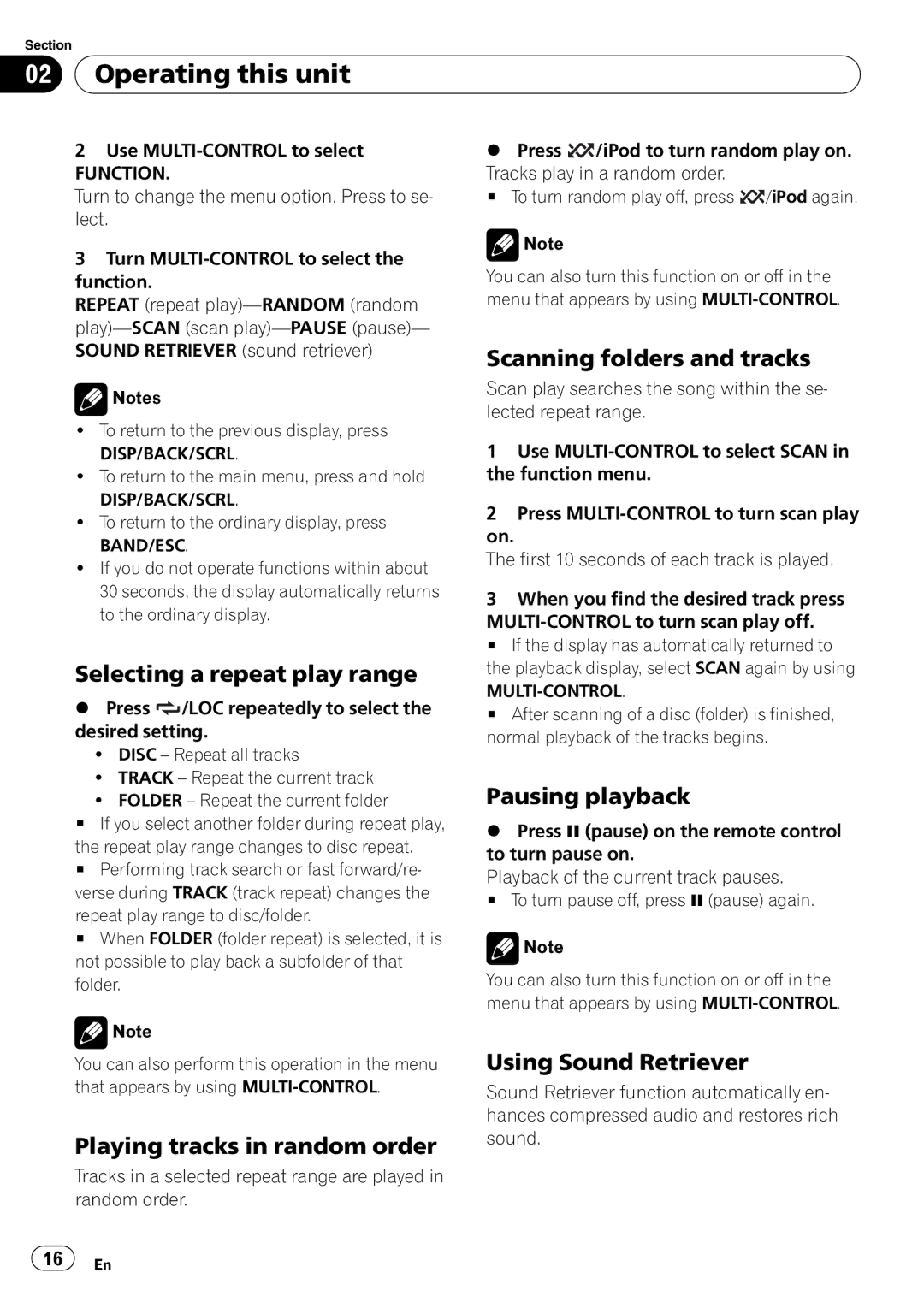 Pioneer DEH-P310UB Selecting a repeat play range, Playing tracks in random order, Scanning folders and tracks 