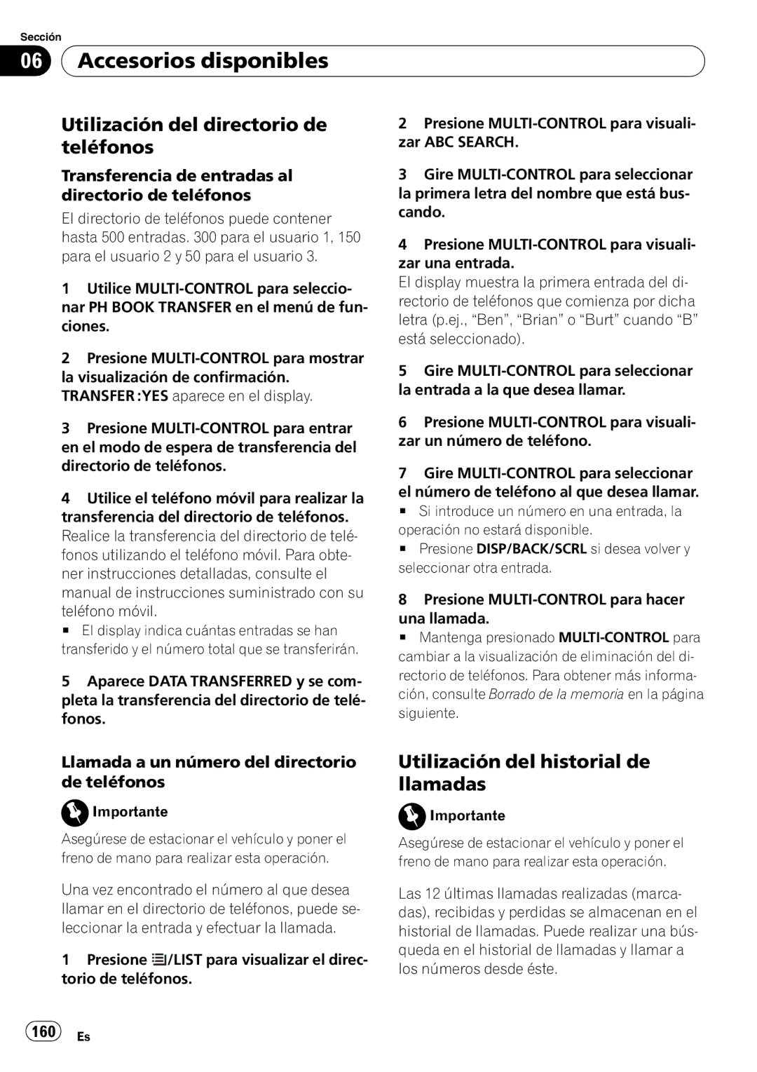 Pioneer DEH-P310UB operation manual Utilización del directorio de teléfonos, Utilización del historial de llamadas, 160 Es 