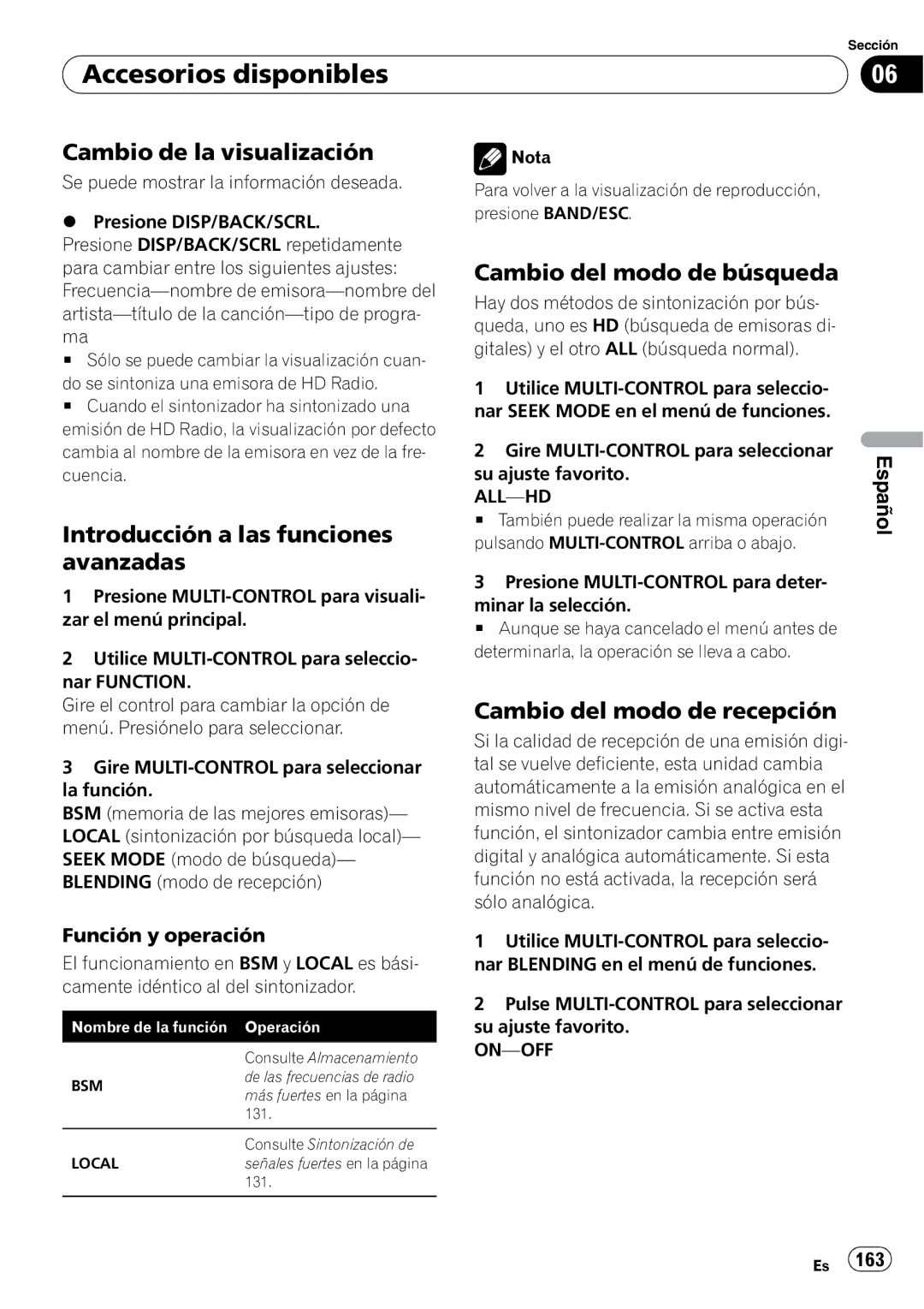 Pioneer DEH-P310UB operation manual Cambio de la visualización, Cambio del modo de búsqueda, Cambio del modo de recepción 