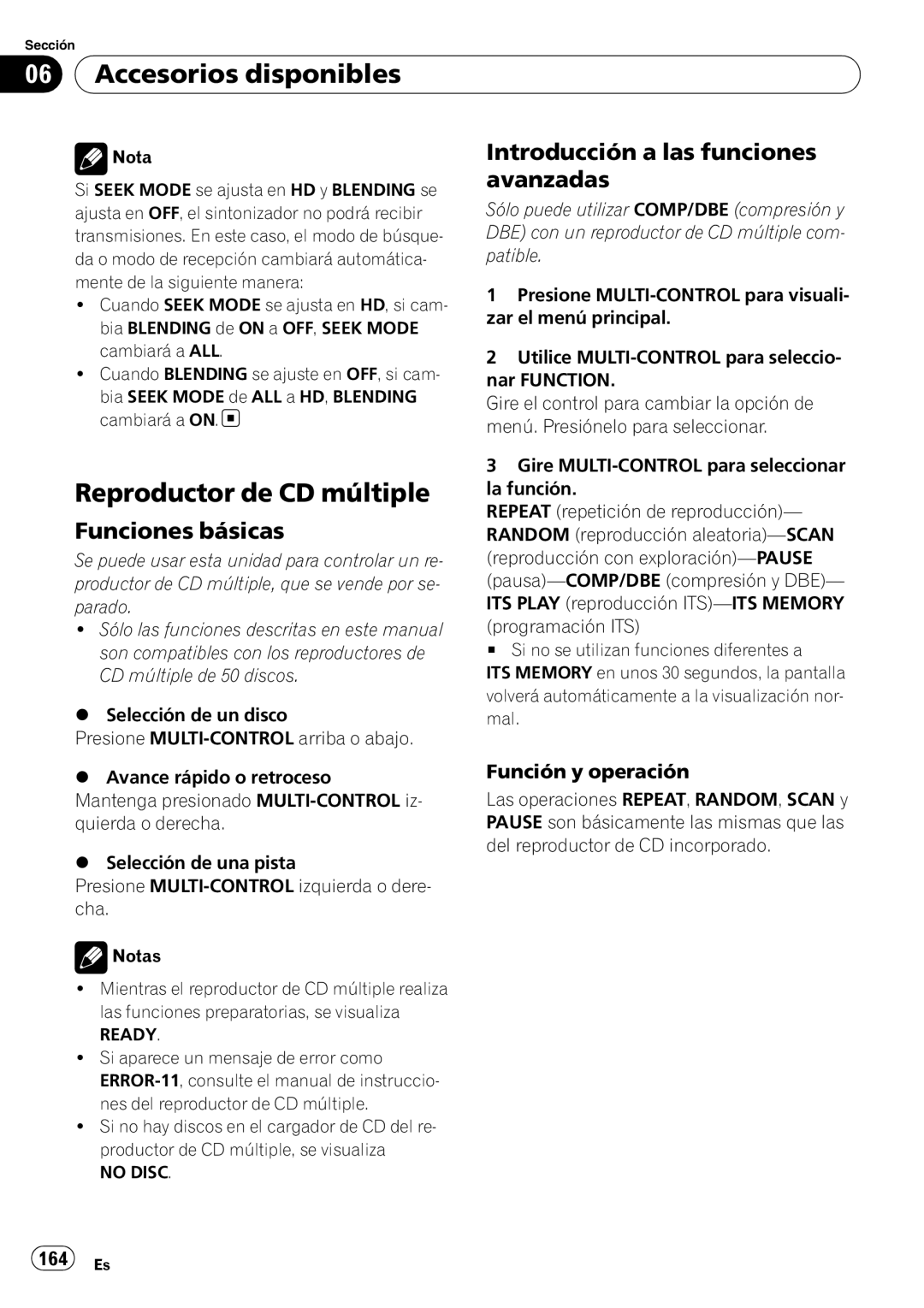 Pioneer DEH-P310UB operation manual Reproductor de CD múltiple, 164 Es, Ready, No Disc 