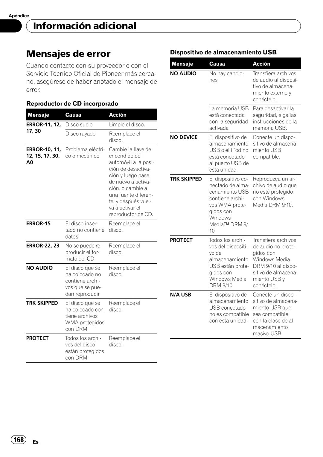 Pioneer DEH-P310UB operation manual Información adicional Mensajes de error, 168 Es 