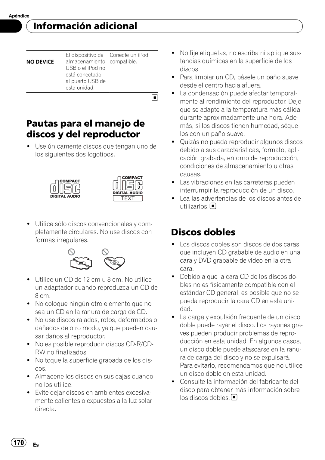 Pioneer DEH-P310UB operation manual Pautas para el manejo de discos y del reproductor, Discos dobles, 170 Es 