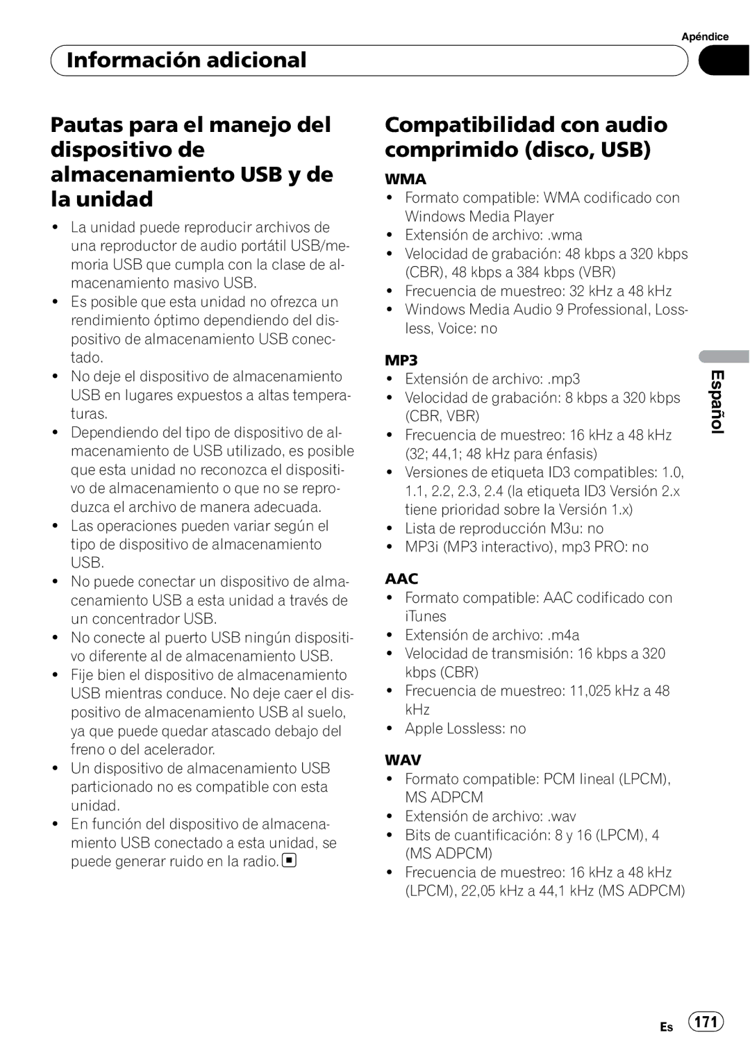 Pioneer DEH-P310UB operation manual Compatibilidad con audio comprimido disco, USB, Formato compatible PCM lineal Lpcm 