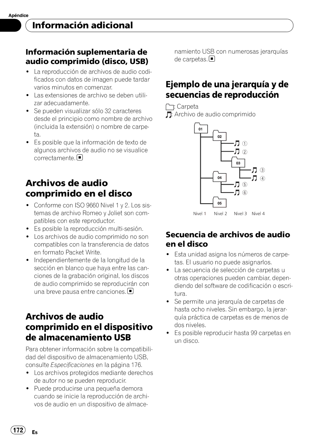 Pioneer DEH-P310UB Archivos de audio comprimido en el disco, Ejemplo de una jerarquía y de secuencias de reproducción 