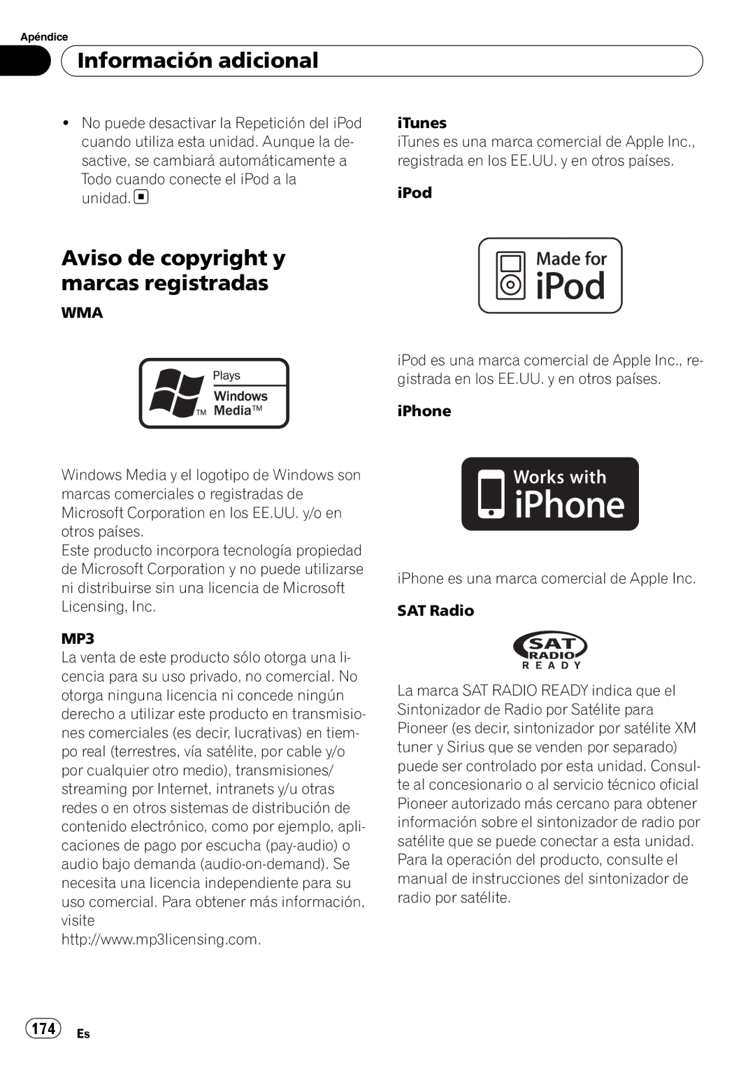 Pioneer DEH-P310UB operation manual Aviso de copyright y marcas registradas, 174 Es 