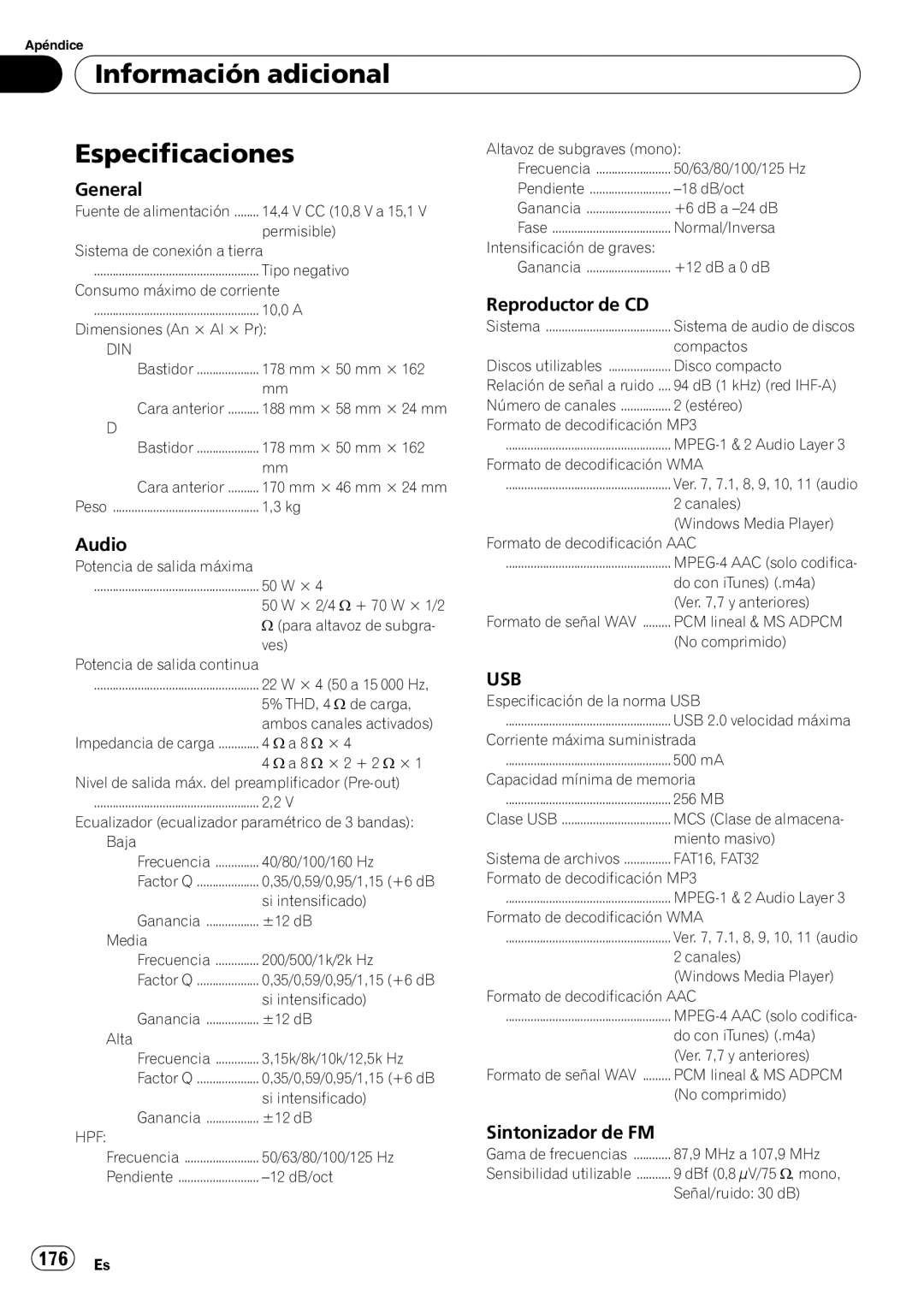 Pioneer DEH-P310UB operation manual Información adicional Especificaciones, 176 Es, Reproductor de CD, Sintonizador de FM 