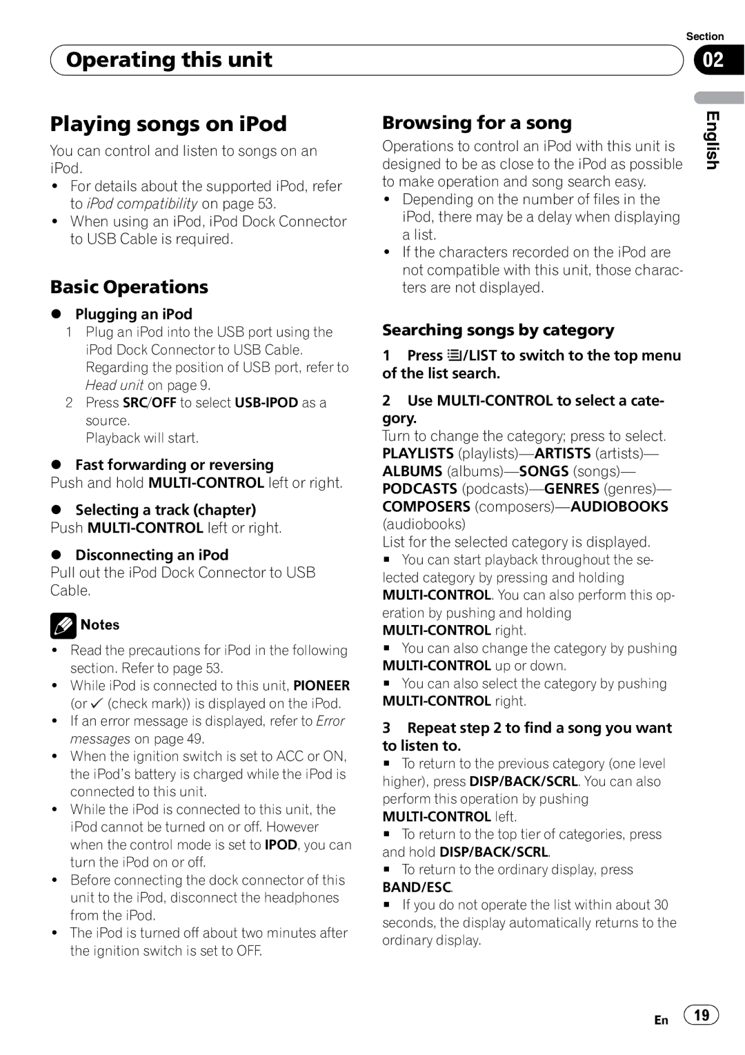 Pioneer DEH-P310UB Operating this unit Playing songs on iPod, Browsing for a song, Searching songs by category, Band/Esc 